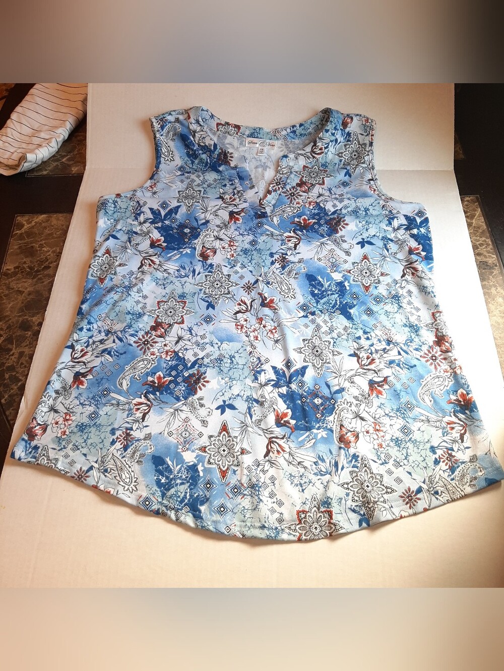 Stem & Vine Womens 2X Blue Floral Sleeveless V Neck Top